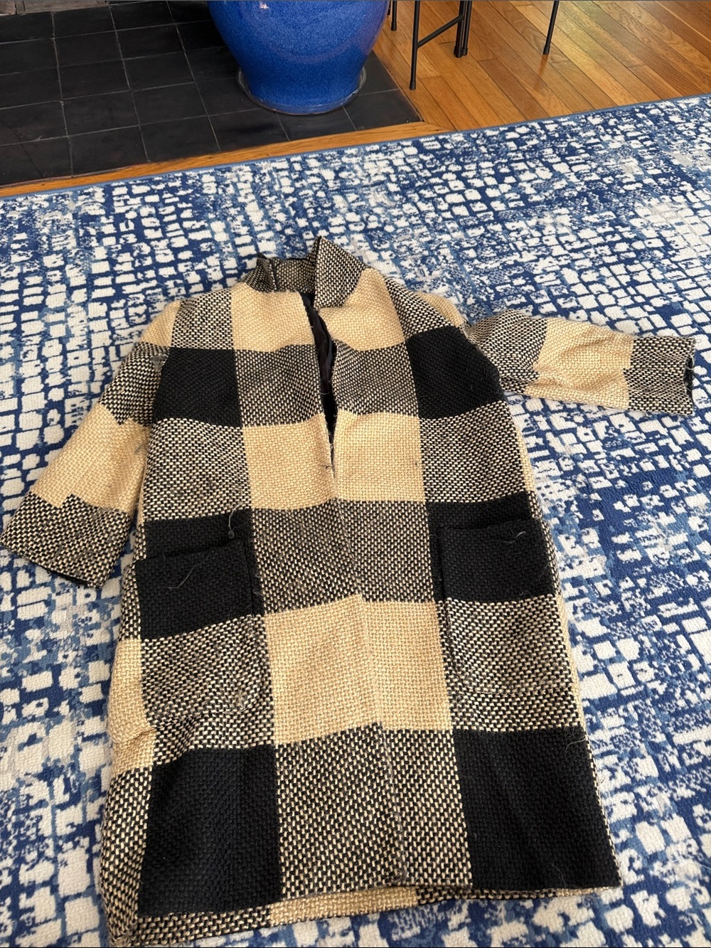 Zara Black and Beige Checkered Wool Coat